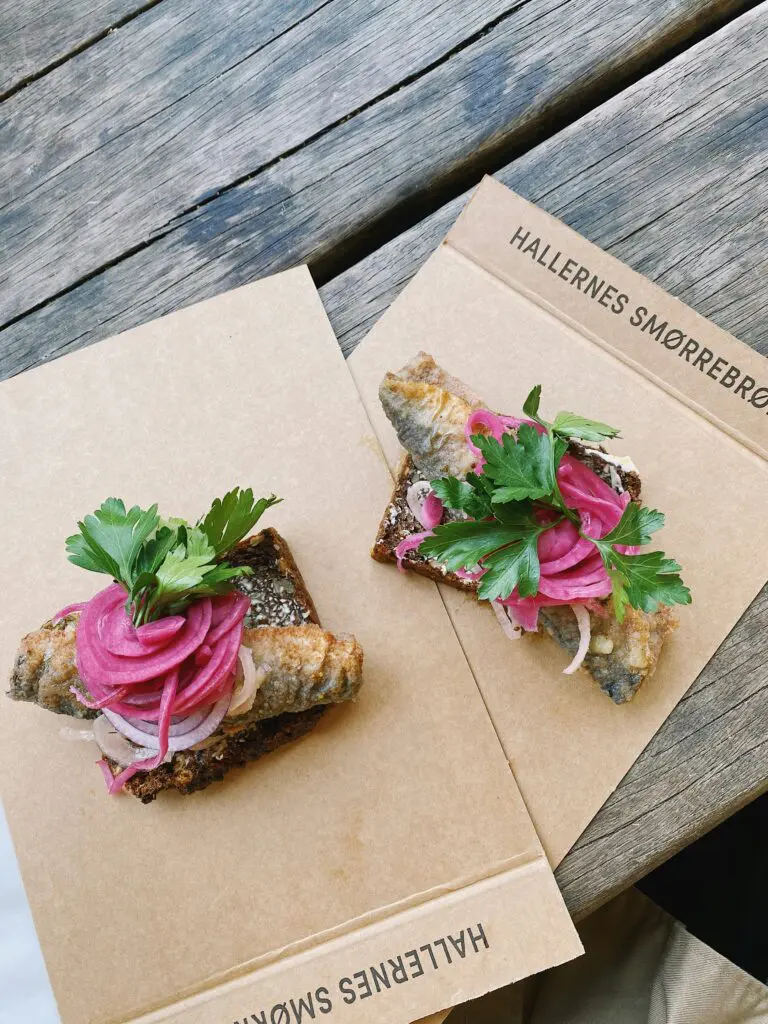 Hallernes smørrebrød or open faced sandwiches. Famous spot in Copenhagen